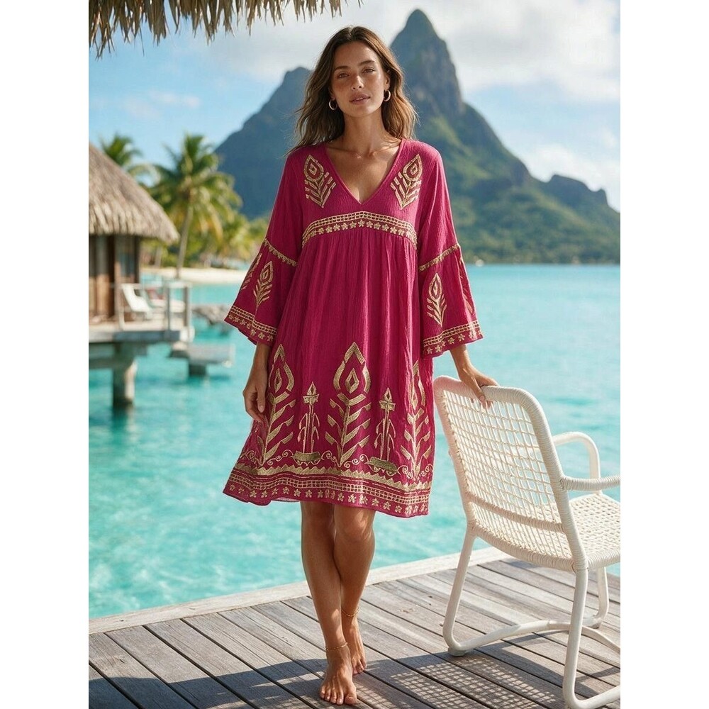 Soft Surroundings Zaneta Pink Gold Embroidered Bell Sleeve Dress M Beach Boho